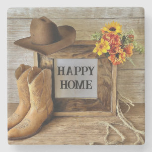 Happy Home Cowgirl Cowboy Style With Cowboy Boots Stone Coaster
