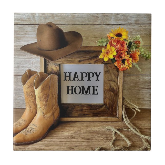 Happy Home Cowgirl Cowboy Style With Cowboy Boots  Tile (Front)