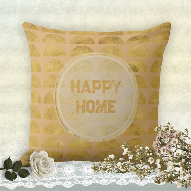 HAPPY HOME Golden Grunge Elegant Stylish Cushion (HAPPY HOME Golden Grunge Elegant Stylish Throw Pillow ©Susanne Sachers - Sunny Mind Design)