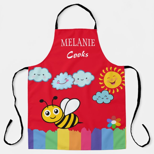 Happy honey-bee sun clouds red background pattern  apron (Front)