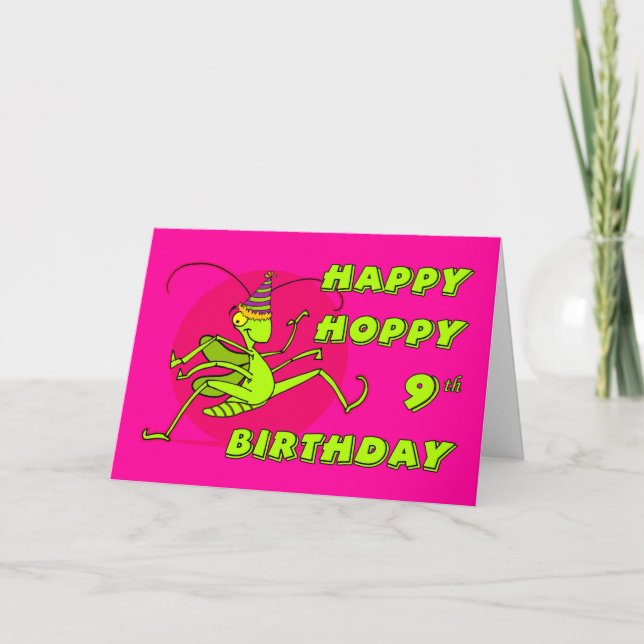 Happy Hoppy 9th Birthday with Grasshopper and Hat Card (Front)