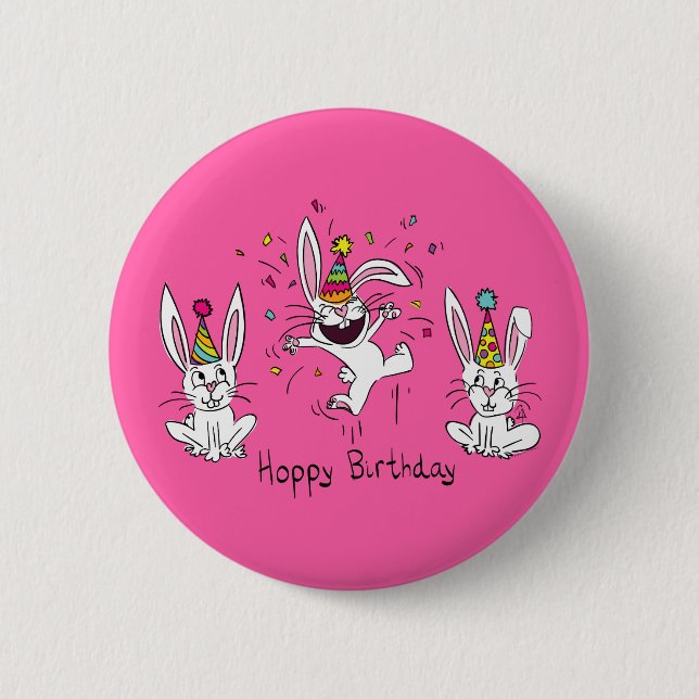 Happy Hoppy Birthday Bunny Rabbits Pin Button (Front)