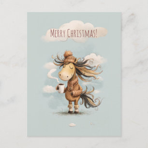 Happy horse enjoys a warm drink, Christmas holiday Postcard