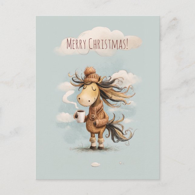 Happy horse enjoys a warm drink, Christmas holiday Postcard (Front)