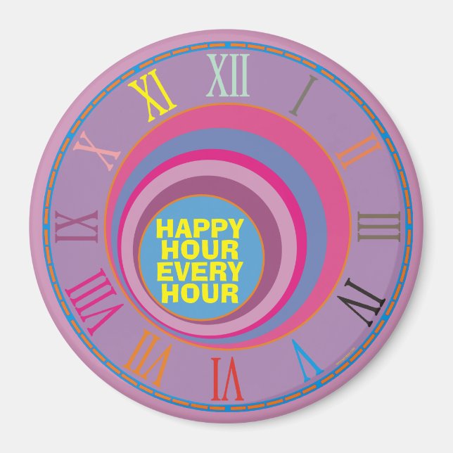 Happy Hour Every Hour Roman Numeral Clock Colourfu Magnet (Front)