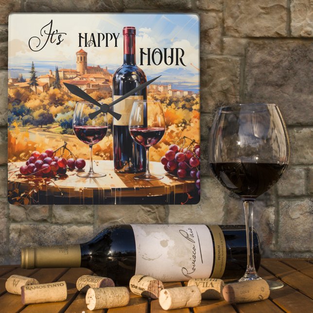 Happy Hour Italian Landscape Wine Art Clock (An artistic design wall clock featuring an Italian fantasy landscape painting with red wine)