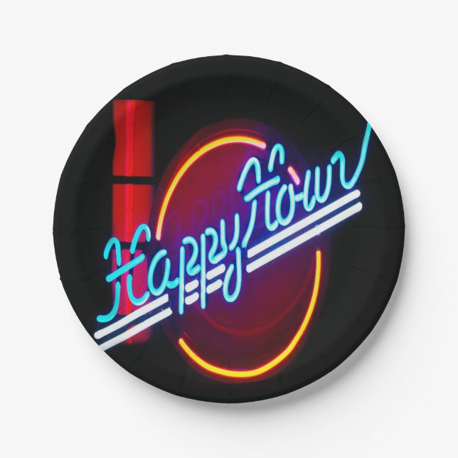 Happy Hour Neon Sign Party Paper Plates (Front)