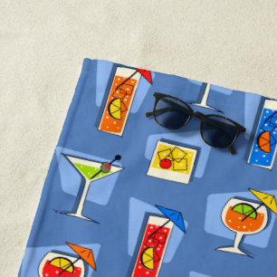 Happy Hour Retro Hawaiian Tropical Drinks - Blue Beach Towel