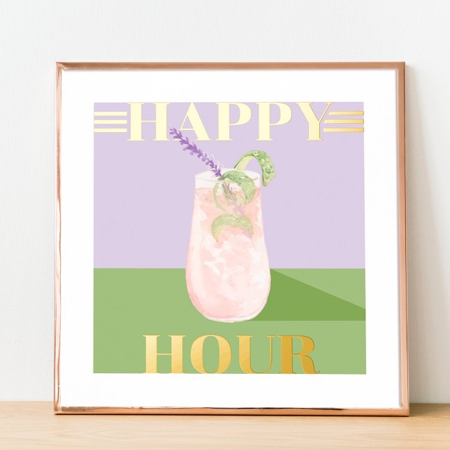 Happy Hour Retro Pink Cocktail Watercolor Art Foil Prints (Creator Uploaded)