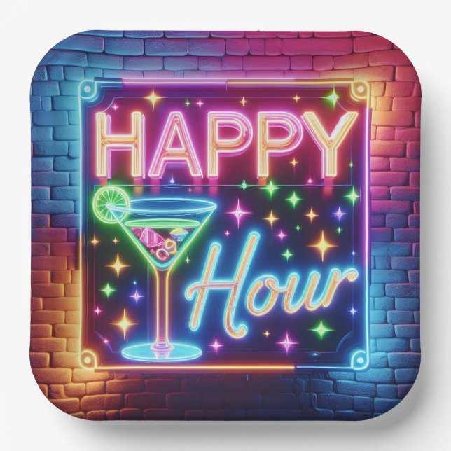 Happy Hour Sign On Rainbow Brick Paper Plate (Front)