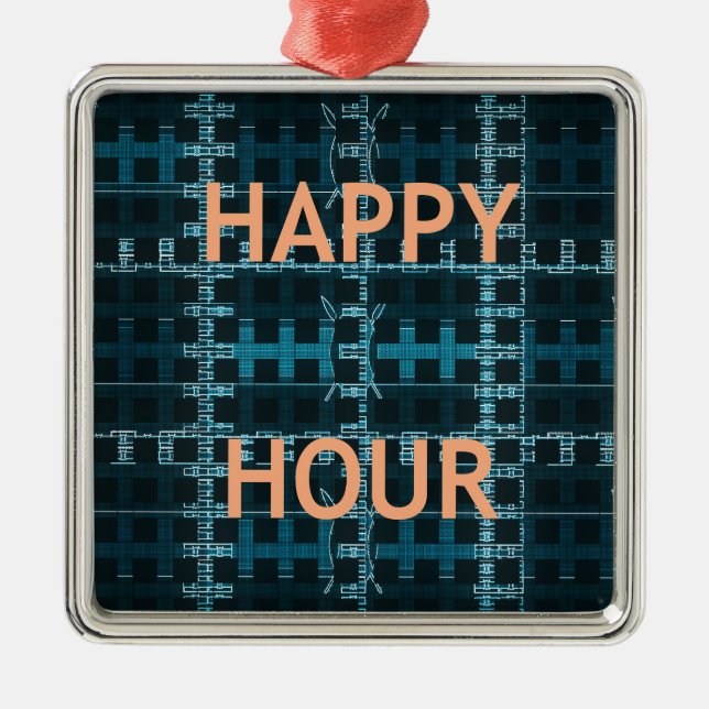 Happy Hour Text Blue Vector Art Print Metal Tree Decoration (Front)