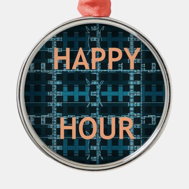 Happy Hour Text Blue Vector Art Print Metal Tree Decoration (Front)
