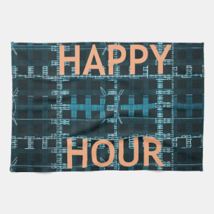 Happy Hour Text Blue Vector Art Print Tea Towel