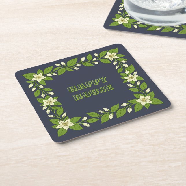 Happy house square paper coaster (Angled)