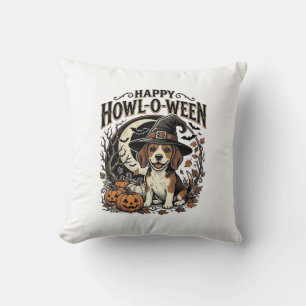 Happy Howl-O-Ween Beagle Witch Hat Halloween Shirt Cushion