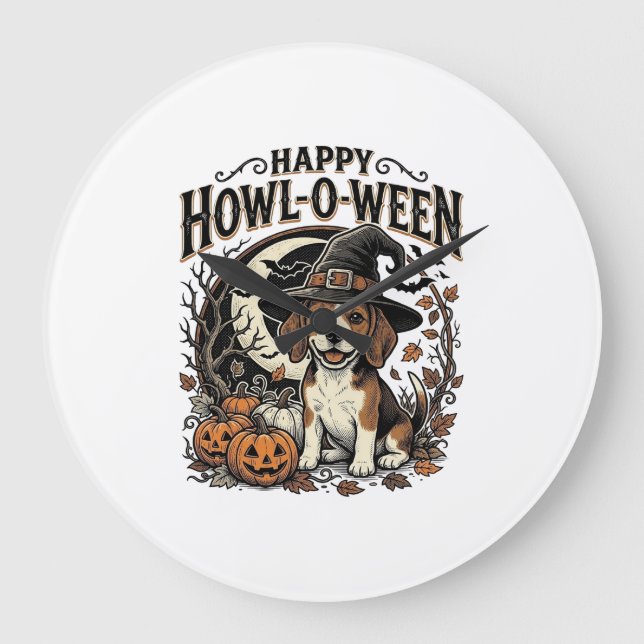 Happy Howl-O-Ween Beagle Witch Hat Halloween Shirt Large Clock (Front)