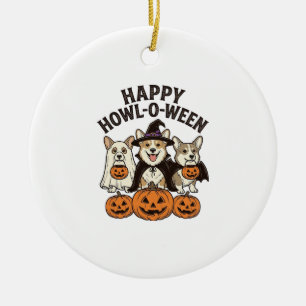 Happy Howl-O-Ween Corgi Halloween Dog Vector Desig Ceramic Tree Decoration
