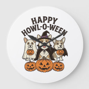Happy Howl-O-Ween Corgi Halloween Dog Vector Desig Large Clock