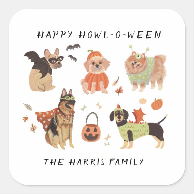 Happy Howl-o-ween Painted Dogs Halloween Food Labe Square Sticker (Front)