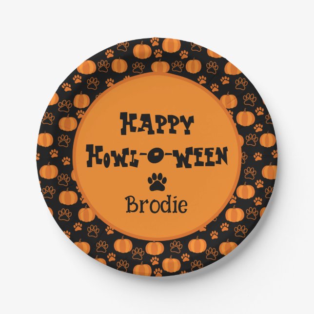 Happy Howl-O-Ween Personalised Dog Halloween Paper Plate (Front)