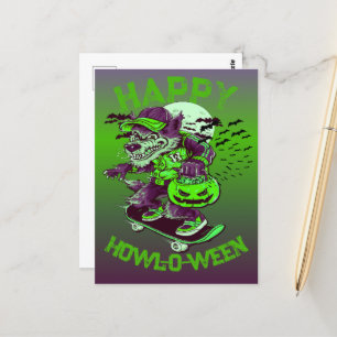 Happy Howl-o-ween Wolf Riding on Skateboard Postcard