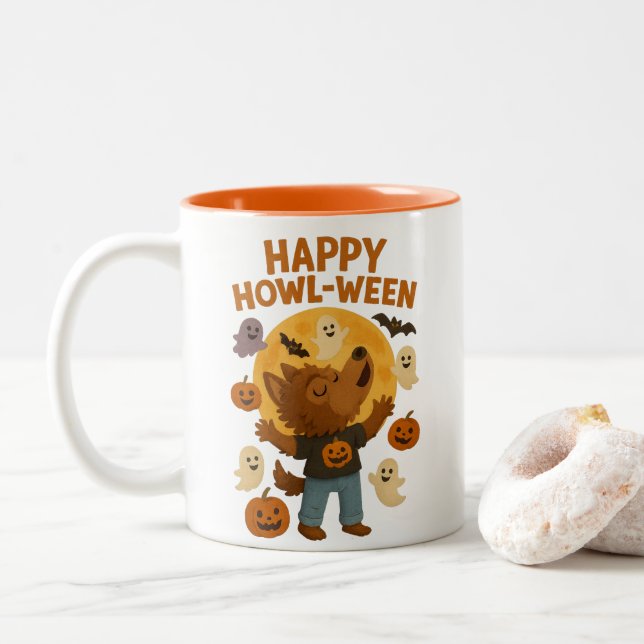 Happy Howl-ween Cute Werewolf Halloween Two-Tone Coffee Mug (With Donut)