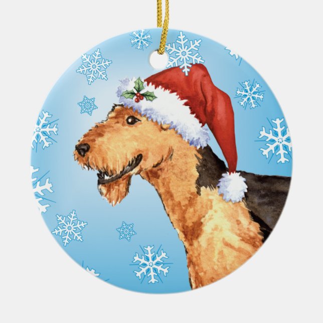 Happy Howliday Airedale Ceramic Tree Decoration (Front)