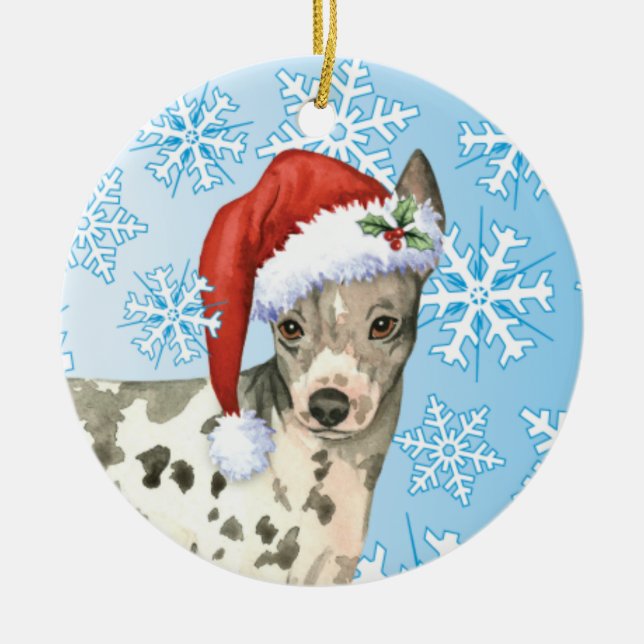 Happy Howliday American Hairless Terrier Ceramic Tree Decoration (Front)