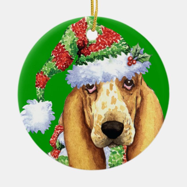 Happy Howliday Basset Ceramic Tree Decoration (Front)