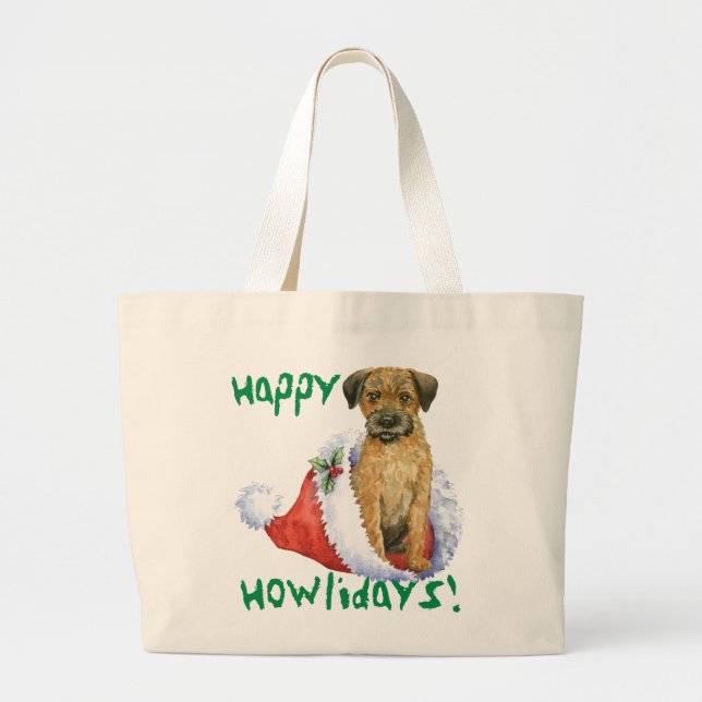 Happy Howliday Border Terrier Large Tote Bag (Front)