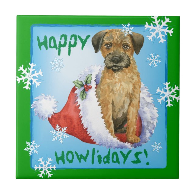 Happy Howliday Border Terrier Tile (Front)