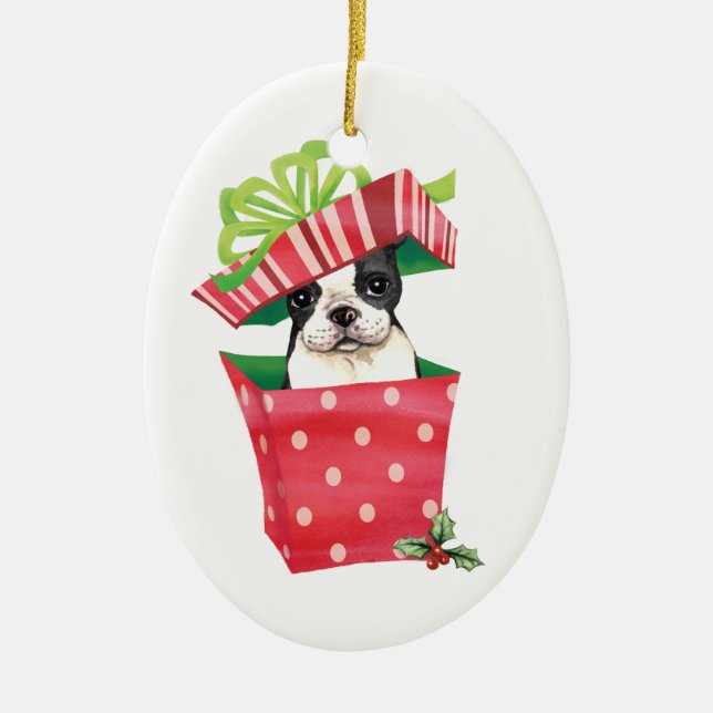 Happy Howliday Boston Terrier Ceramic Tree Decoration (Front)