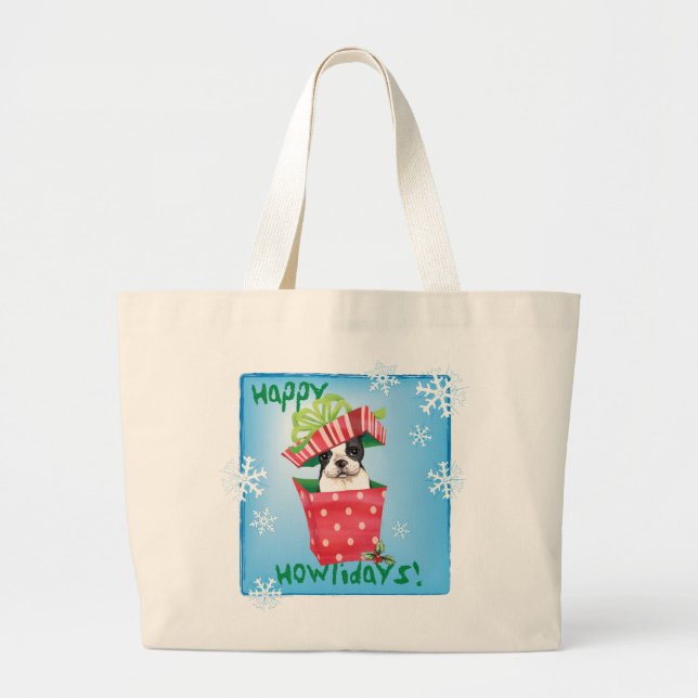 Happy Howliday Boston Terrier Large Tote Bag (Front)