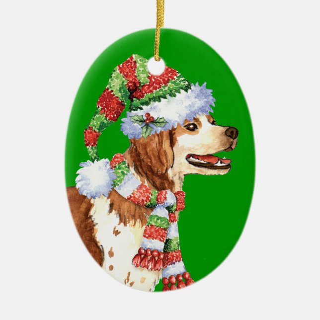 Happy Howliday Brittany Ceramic Tree Decoration (Front)