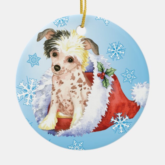 Happy Howliday Chinese Crested Ceramic Tree Decoration (Front)