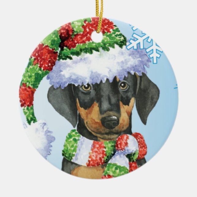 Happy Howliday Doberman Ceramic Tree Decoration (Front)