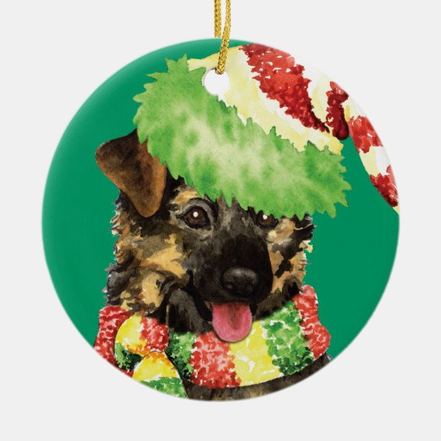 Happy Howliday German Shepherd Ceramic Tree Decoration (Front)