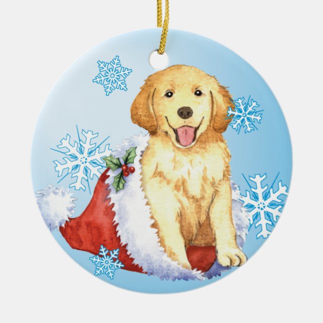 Happy Howliday Golden Retriever Ceramic Tree Decoration (Front)