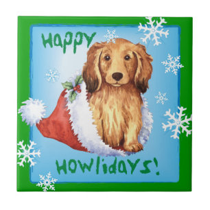 Happy Howliday Longhaired Dachshund Tile