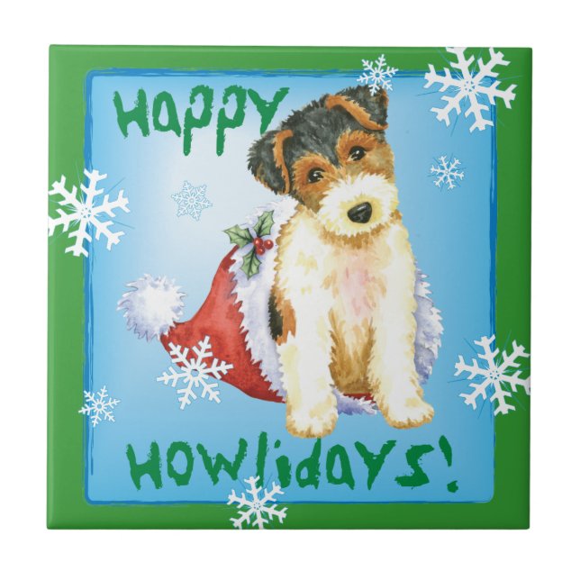 Happy Howliday Wire Fox Terrier Tile (Front)