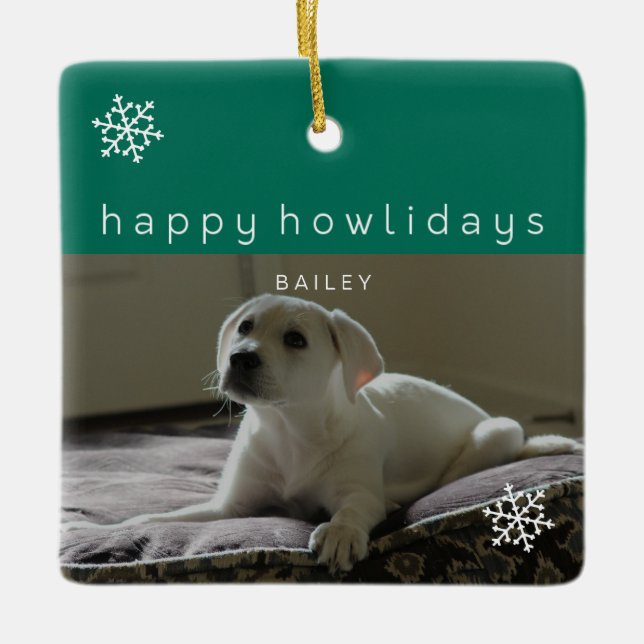Happy Howlidays Add Your Photo Green Pet Ornament (Front)