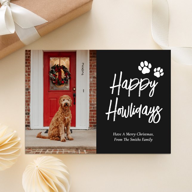 Happy Howlidays Black Calligraphy Pet Photo Holiday Card (Creator Uploaded)
