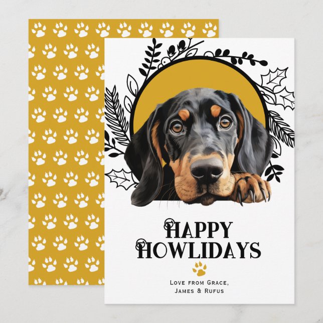 Happy Howlidays Black Tan Coonhound Dog Christmas Holiday Card (Front/Back)