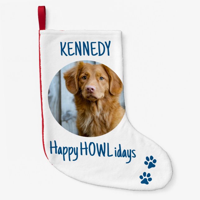 Happy HOWLidays Blue Grey Christmas Pet Photo Small Christmas Stocking (Front)