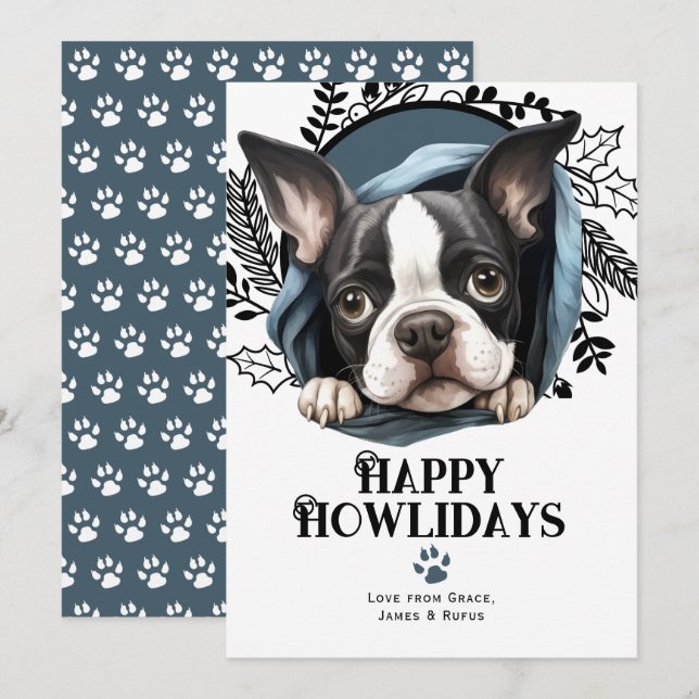 Happy Howlidays Boston Terrier Dog Christmas Holiday Card (Front/Back)