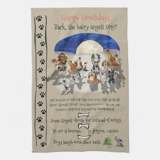 Happy Howlidays Cartoon Dogs Holiday Quotes Tea Towel (Vertical)