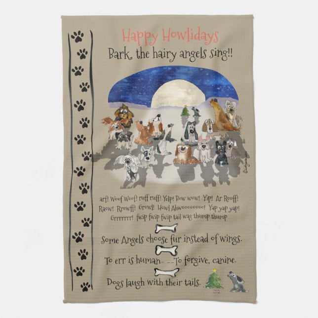 Happy Howlidays Cartoon Dogs Holiday Quotes Tea Towel (Vertical)