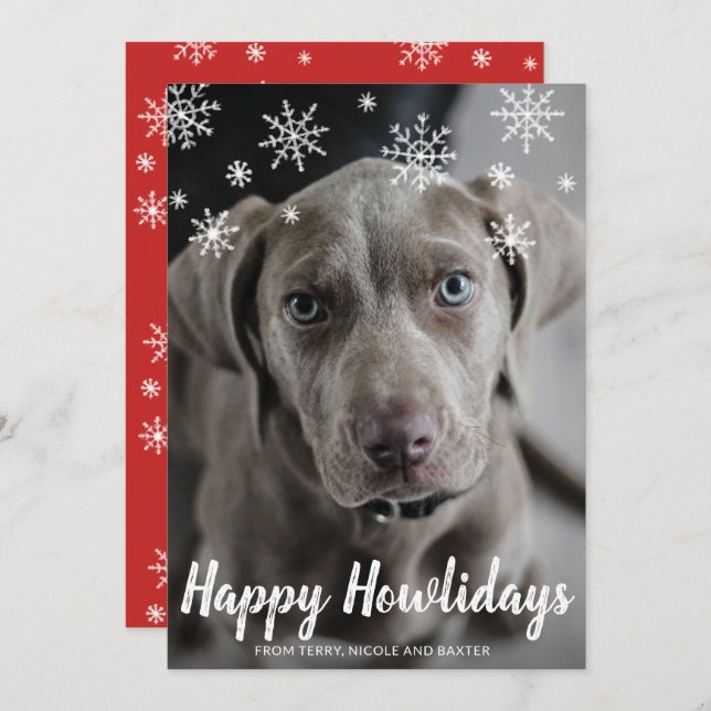 Happy Howlidays Chalk Script Snowflakes Photo Dog Holiday Card (Front/Back)