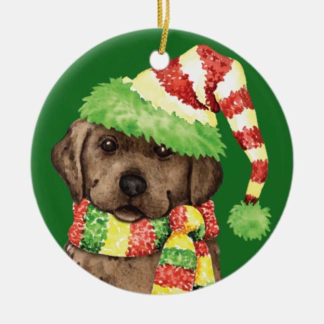 Happy Howlidays Chocolate Lab Ceramic Tree Decoration (Front)