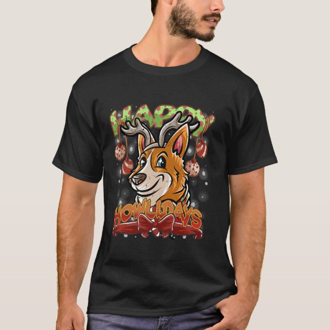 Happy Howlidays Corgi Reindeer Dog Christmas Dogs  T-Shirt (Front)